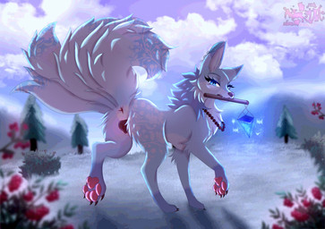 5_tails animal_genitalia animal_vulva anus berry blue_body blue_eyes blue_fur canine_genitalia canine_vulva cloud collar ear_piercing ear_ring feathers female feral food fruit fur fur_markings genitals holding_object lamp lantern markings multi_tail pawpads paws piercing plant ring_piercing sky snow solo tail tree vulva astralia canid canine fox mammal hi_res
