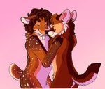 anthro black_nose blep brown_body brown_eyebrows brown_fur brown_hair brown_hooves brown_nose cheek_tuft circle_eyebrows duo ears_back ears_down eyebrows eyes_closed facial_tuft female female_anthro fur hair head_tuft hoof_hands hooves hug male male/female male_anthro markings nude outline pink_background pink_tongue pivoted_ears romantic romantic_couple scut_tail short_tail simple_background smile snout spots spotted_body spotted_fur tail tan_body tan_fur tongue tongue_out tuft wavy_hair white_outline maligaytor akamai_(maligaytor) canid canine canis deer hybrid jackal mammal maned_wolf 2021 cel_shading digital_drawing_(artwork) digital_media_(artwork) half-length_portrait hi_res paint_tool_sai_(artwork) portrait shaded