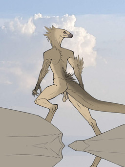 anthro arm_tuft athletic athletic_male backsack balls barely_visible_genitalia barely_visible_penis casual_nudity claws cloud digitigrade elbow_tuft feather_tuft feathers finger_claws flaccid foreskin genitals grey_body grey_feathers head_tuft humanoid_genitalia humanoid_penis long_snout long_tail male nude nude_male object_in_mouth outside penis raised_leg reflection saggy_balls sharp_teeth sky smile snout solo standing tail tan_balls tan_body tan_penis teeth tuft uneven_balls unretracted_foreskin water yellow_eyes bullchicken dinosaur dromaeosaurid prehistoric_species reptile saurischian scalie theropod velociraptor 2026 3:4 colored digital_drawing_(artwork) digital_media_(artwork) flat_colors hi_res