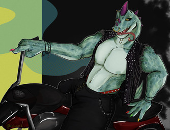 anthro black_bottomwear black_clothing black_jacket black_pants black_topwear bodily_fluids bottomwear clothed clothing facial_piercing green_body green_scales head_spikes jacket male motorcycle mouth_piercing multicolored_claws muscular muscular_anthro muscular_male navel navel_piercing neck_piercing nose_piercing pants pecs piercing purple_spikes saliva scales solo spiked_jacket spikes spikes_(anatomy) tail tongue tongue_out tongue_piercing topwear vehicle vest yellow_sclera oguuxi goat_(movie) sony_corporation sony_pictures modo_olachenko komodo_dragon lizard monitor_lizard reptile scalie 2026 digital_media_(artwork) hi_res