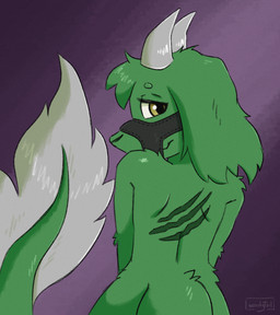 ambiguous_gender anthro fur looking_at_viewer looking_back looking_back_at_viewer muzzle_(object) muzzled nude rear_view scar simple_background solo standing tail moodytail mythology freya_havar dragon furred_dragon furred_scalie mammal mythological_creature mythological_scalie scalie 2025 digital_media_(artwork) hi_res