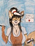 anthro apron big_breasts big_ears black_hair black_nose breasts brown_body brown_fur cheek_tuft cheerful cleavage clothed clothing dipstick_ears ear_markings eyes_closed facial_tuft female fluffy fluffy_tail fur greeting hair heart_symbol holding_object huge_breasts jewelry multicolored_ears name_tag necklace note_pad ponytail question red_hairband shirt solo t-shirt tail tan_body tan_fur teeth topwear tuft dylanaildon_no_2 elizabeth_fox canid canine fox mammal 3:4 hi_res redraw shaded