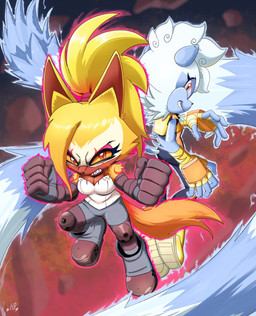 anthro blonde_hair boots breasts brown_body brown_fur clothing duo eyelashes facial_markings female female_anthro fingerless_gloves footwear fur gloves grey_body grey_fur hair handwear head_markings knee_pads markings mask_(marking) ponytail sharp_teeth shoes teeth buddyhyped idw_publishing sega sonic_the_hedgehog_(comics) sonic_the_hedgehog_(idw) sonic_the_hedgehog_(series) tangle_the_lemur whisper_the_wolf canid canine canis lemur mammal primate ring-tailed_lemur strepsirrhine wolf 2026 absurd_res hi_res