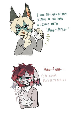 ambiguous_gender anthro biped bound clothed clothing dialogue duct_tape duo exclamation_point fingers fur green_eyes grey_body grey_fur hair pupils red_hair red_nose simple_background tape text tongue topwear white_body white_fur swaybat swaybat_(oc) zil_(swaybat) felid feline mammal english_text hi_res