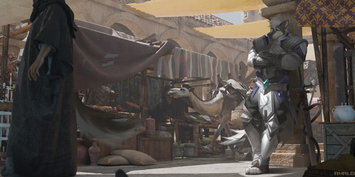 anthro armor clothed clothing crossed_arms day front_view fur grey_body grey_fur group hair male male_anthro market mouth_closed outside short_hair side_view standing teal_eyes white_body white_fur white_hair awaldkize ambiguous_species camel camelid canid canine mammal absurd_res hi_res