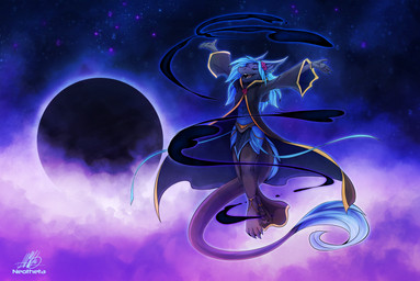 4_toes 5_fingers anklet anthro black_body black_fur blue_hair bracelet breasts chain claws clothing cloud detailed_background ear_piercing eclipse fangs feet female fingers flower fog fur girdle hair horn jewelry long_hair medium_breasts open_mouth piercing plant robe solo space spacescape star tail tail_tuft teeth toes tuft wind neotheta mythology raolinn dragon furred_dragon furred_scalie mythological_creature mythological_scalie scalie digital_media_(artwork) hi_res