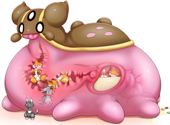 ambiguous_gender anthro anus digestion feral group internal male organs pink_body size_difference stomach tongue tongue_out vore bboing nintendo pokemon canid canine domestic_cat felid feline felis fox gastrodon generation_4_pokemon mammal pokemon_(species) west_sea_gastrodon hi_res