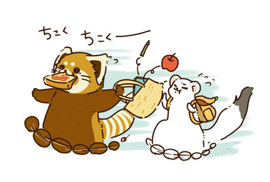 apple backpack black_eyes bread brown_body chibi dot_eyes duo eat_and_run eyes_closed feral food fruit plant running simple_eyes text toast toast_in_mouth white_body shi_nominmin ailurid mammal mustelid musteline red_panda stoat true_musteline weasel 2023 hi_res japanese_text