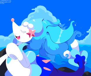 ambiguous_gender anthro blue_hair cloud eyelashes eyes_closed fangs gem hair open_mouth pearl_(gem) sea sky solo sparkles starfish_(accessory) tail teeth tongue water white_body sleepy_sealion nintendo pokemon aquatic asterozoan echinoderm generation_7_pokemon pokemon_(species) primarina starfish 2025 6:5 dated hi_res signature