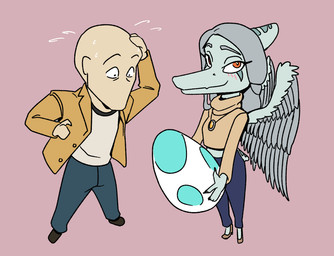 anthro bald blush chibi clothed clothing duo egg feathered_wings feathers featureless_face female hair jewelry long_hair long_snout male midriff necklace orange_eyes snout toony wings brokenmojo cavemanon_studios goodbye_volcano_high ko_op_(game_developer) snoot_game anon_(snoot_game) fang_(gvh) human mammal prehistoric_species pterosaur reptile scalie