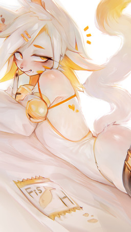 anthro bell biped blush butt clothed clothing collar condom eyebrows eyelashes female fingers fur lying on_front sexual_barrier_device simple_background smile solo tail white_body white_fur white_tail yellow_eyes 3gs felid feline mammal absurd_res hi_res