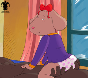 accessory anthro bow_(feature) bow_accessory bow_ribbon butt butt_grab butt_sniffing centered_hair_bow clothed clothing detailed_background duo facesitting featureless_crotch female grope hair_accessory hair_bow hair_ribbon hand_on_butt inside male male/female on_top panties pink_nose ribbons sitting_on_another sniffing straddling underwear young young_anthro blargsnarf arthur_(series) anon fern_walters canid canine canis domestic_dog mammal 2016 digital_media_(artwork) hi_res watermark