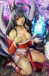 2014 abstract_background absurd_res ahri_(lol) amber_eyes animal_humanoid big_breasts black_hair breasts canid canid_humanoid canine canine_humanoid cleavage clothed clothing dress eroknight female fox fox_humanoid grey_hair hair hand_on_breast hi_res humanoid kitsunebi kneeling league_of_legends looking_at_viewer magic mammal mammal_humanoid multi_tail open_mouth riot_games solo tail tencent yellow_eyes