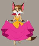 absurd_res accessory barefoot bottomwear breasts canid canine cleavage clothed clothing curtsey dipstick_tail dress feet female fox hair headband hermeline_(renart_the_fox) hi_res mammal markings multicolored_tail nivarra renart_le_renard skirt tail tail_markings