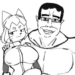 anthro big_breasts breasts cat_tail duo duo_focus eyewear female female_anthro glasses group hair huge_breasts male male/female male_human muscular muscular_male nipples_visible_through_clothing simple_background cyborg7700 gameoverse glitch_productions chudjak kit_bodega animal_humanoid cat_humanoid domestic_cat felid felid_humanoid feline feline_humanoid felis human humanoid mammal mammal_humanoid 1:1 black_and_white hi_res meme monochrome tagme