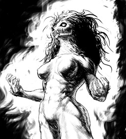 anthro bone breasts female fur genitals glowing glowing_eyes hair humanoid_hands looking_at_viewer muscular muscular_anthro muscular_female nails nipples sharp_nails sharp_teeth simple_background skull solo teeth teratophilia text vulva bwgod scp_foundation scp-1471-a canid canine malo mammal undead absurd_res black_and_white english_text hi_res line_art monochrome source_request