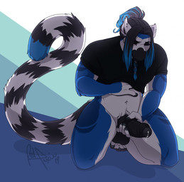 anthro balls biped black_penis bodily_fluids bottomless clothed clothing erection foreskin genital_fluids genitals hair humanoid_genitalia humanoid_penis kneeling long_hair male masturbation partially_retracted_foreskin penile penile_masturbation penis precum solo redpixie lune_(lunecatta) lemur mammal primate ring-tailed_lemur strepsirrhine hi_res