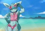 anthro anthrofied beach biped blue_body blue_fur blue_sclera bulge clothing day detailed_background erection erection_under_clothing eyewear eyewear_on_head femboy front_view fur genitals glasses glasses_on_head hand_on_hip holowear_(pokemon) looking_at_viewer male midriff navel outside penis penis_base pokemorph sand sea smile solo water white_eyes sealer4258 nintendo pokemon pokemon_unite beach_style_glaceon sealer_(sealer4258) eeveelution generation_4_pokemon glaceon pokemon_(species) hi_res