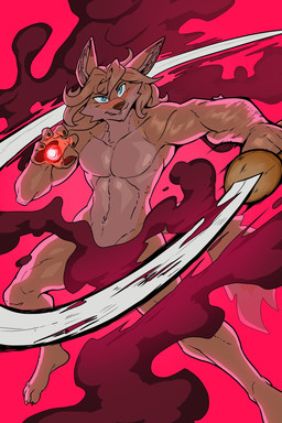 5_fingers anthro blue_eyes blush convenient_censorship dipstick_ears ear_markings feet fingers fur hair holding_melee_weapon holding_object holding_sword holding_weapon inner_ear_fluff magic_user male markings melee_weapon multicolored_ears navel nude pecs red_background short_hair simple_background smile smirk smoke solo sword tail tan_body tan_fur tuft weapon ceehaz lukanis_goldencrow canid canine fennec_fox fox mammal true_fox 2026 hi_res