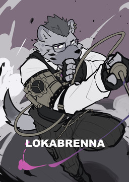 anthro black_nose bottomwear clothing ear_piercing eyewear fingerless_gloves fur glasses gloves grey_body grey_fur hair handwear looking_at_viewer male pants piercing shirt solo tail text topwear vest lokabrenna hyena mammal spotted_hyena 2025 absurd_res artist_name hi_res