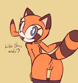 anthro anus bent_over biped black_markings black_nose blue_eyes bottomwear brown_body brown_fur butt clothing dialogue female fur genitals humanoid_genitalia humanoid_vulva looking_at_viewer looking_back looking_back_at_viewer markings mostly_nude open_mouth presenting presenting_hindquarters ring_(marking) ringed_tail shorts simple_background solo standing striped_markings striped_tail stripes tail tail_markings talking_to_viewer text tongue vulva young young_anthro young_female bunirona sega sonic_the_hedgehog_(series) marine_the_raccoon mammal procyonid raccoon 2026 english_text
