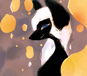 abstract_background anthro black_body black_fur blue_eyes female female_anthro fur hair long_hair narrowed_eyes nude nude_anthro nude_female side_view simple_background solo textured_background white_hair hakugin canid mammal 2020 bust_portrait portrait