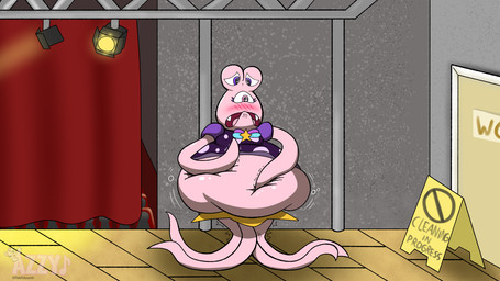 3_eyes 4_legs belly big_belly bladder_bulge bladder_inflation blush blush_lines bottomwear bow_tie chair clothing curtains door eyelashes female floor furniture multi_eye omorashi outside_bathroom pink_body pink_eyes purple_eyes skirt spotlight support_beam teeth tentacle_arms tentacle_legs tentacle_limbs tentacles theater topwear wet_floor_sign wood wood_floor pinkoshawott alien tentacle_creature 16:9 hi_res widescreen