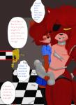 animatronic anthro big_penis blush brown_eyes checkered checkered_floor comic detailed_background digital_media_(artwork) discordmelody duo_focus english_text erection eye_patch eyewear female five_nights_at_freddy's foxy_(fnaf) freckles genitals golden_freddy_(fnaf) group hair hair_over_eyes handjob hi_res inside jasmine_ivory looking_at_another machine male mammal metal peeping penile penis red_hair robot rodent sciurid scottgames security sex spying text tree_squirrel yellow_eyes