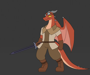 anthro clothed clothing male melee_weapon solo standing sword weapon yellow_eyes pencil_bolt mythology flint_(pencil_bolt) dragon mythological_creature mythological_scalie scalie hi_res
