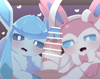 ambiguous_gender bestiality blue_body blue_ears blue_eyes blue_fur blue_inner_ear blue_sclera blush blush_lines censor_bar censored_genitalia censored_penis cute_fangs fangs feral first_person_view fur genitals group heart_symbol human_on_feral human_pov interspecies looking_at_viewer male male_pov open_mouth paws penis pink_body pink_ears pink_fur pokephilia ribbons_(anatomy) sex teeth trio white_body white_eyes white_fur himimi nintendo pokemon canid canine eeveelution generation_4_pokemon generation_6_pokemon glaceon human mammal pokemon_(species) sylveon 2026 censored hi_res female_(lore)