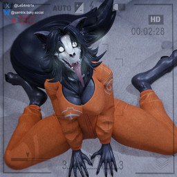 4_toes anthro athletic athletic_anthro athletic_female barefoot big_breasts black_body black_fur black_hair breasts breath clothing collar digitigrade dungeon feet female fur glowing glowing_eyes hair jumpsuit looking_at_viewer one_eye_closed open_mouth prison_uniform prisoner sitting solo tail thick_thighs tight_clothing toes tongue tongue_out wink winking_at_viewer samtrix da.nilkaz_(modeler) scp_foundation scp-1471-a scp-1471-a_(da.nilkaz) canid malo mammal 1:1 3d_(artwork) digital_media_(artwork) hi_res