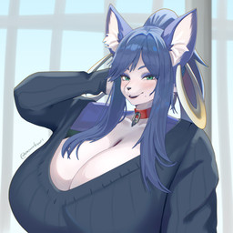 alternate_form anthro big_breasts blue_hair blue_makeup blue_mascara blush blush_lines breasts cleavage clothed clothing collar ear_piercing ear_ring female green_eyes hair hand_behind_head huge_breasts hyper hyper_breasts inner_ear_fluff looking_at_viewer markings mole_(marking) piercing ponytail ring_piercing solo tuft gaikiken nintendo star_fox krystal_(star_fox) canid canine fox mammal 1:1 hi_res