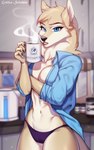 anthro beverage clothed clothing coffee female fur kitchen morning panties shirt simple_background solo topwear underwear gekko-seishin interpol anya_isklo canid canine canis mammal wolf 2022 digital_media_(artwork) hi_res shaded