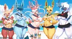 absol absurd_res anthro anthrofied areola areola_slip beach blue_areola blue_eyes blush bottomwear breasts brown_areola burgerkiss canid canine clothed clothing clothing_lift conditional_dnp day detailed_background dialogue digital_media_(artwork) eeveelution english_text expression_avatar eyewear female generation_3_pokemon generation_4_pokemon generation_6_pokemon genitals glaceon glasses group heart_eyes heart_symbol hi_res leafeon looking_at_viewer lucario mammal midriff navel nintendo one_eye_closed open_mouth open_smile outside pink_areola pokemon pokemon_(species) pokemorph pussy school_uniform skirt skirt_lift smile speech_bubble spinda spiral_eyes sylveon text thong translucent translucent_clothing under_boob underwear uniform wearing_glasses