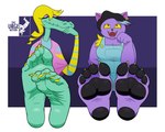 4_toes 5_toes anthro black_hair black_pawpads blonde_hair breasts claws cleavage clothed clothing curling_toes duo fangs feet female foot_fetish foot_focus fur green_body green_scales hair highlights_(coloring) humanoid_feet paw_pose pawpads pink_sclera plantigrade plantigrade_pawpads pose purple_body purple_fur scales sitting sitting_on_ground soles teeth toe_claws toes yellow_sclera yellow_toe_claws the_urge_within undertale_(series) bratty_(undertale) catty_(undertale) alligator alligatorid crocodilian domestic_cat felid feline felis mammal reptile scalie 2025 absurd_res hi_res