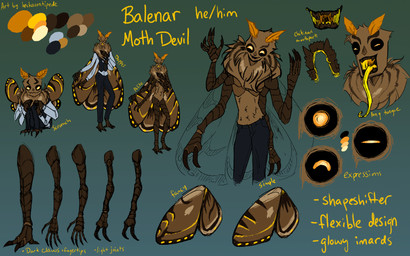 4_arms antennae_(anatomy) anthro black_sclera brown_body brown_fur claws clothing exoskeleton facial_markings fluffy fur glowing glowing_eyes head_markings insect_wings lepidopteran_wings long_tongue male markings multi_arm multi_limb pronouns shirtless solo toe_claws tongue topwear vest wings heckacentipede balenar arthropod demon insect lepidopteran moth hi_res model_sheet