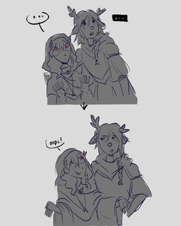 ambiguous_gender anthro antlers armor clothed clothed_anthro clothed_human clothing dialogue directional_arrow duo ellipsis freckled_face freckles gesture hair hood horn looking_at_another red_eyes robe shrug speech_bubble text fablivious1 deltarune undertale_(series) kris_dreemurr noelle_holiday deer human mammal new_world_deer reindeer 2025 digital_drawing_(artwork) digital_media_(artwork) english_text hi_res sequence spot_color female_(lore)