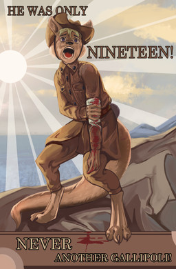anthro australia historical history male military oldie poster propaganda soldier solo vintage war warrior world_war_1 world_war_2 thepimpartist aussie kangaroo macropod mammal marsupial absurd_res hi_res