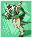 2019 3_toes absurd_res anthro athletic athletic_anthro athletic_male barefoot black_eyes border bulge chesnaught chest_tuft claws clothing feet fur generation_6_pokemon green_background green_body hi_res male megawolf77 nintendo orange_clothing pink_nose plantigrade pokemon pokemon_(species) shadow simple_background solo teeth toes tuft white_body white_border white_fur