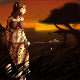 anthro bottomwear clothed clothing female loincloth melee_weapon outside polearm solo spear standing sunset weapon monstercheetah felid mammal 1:1 digital_media_(artwork) hi_res shaded