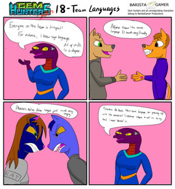 anthro clothing cochlear_implant_processor deaf dialogue female group jacket keikogi male martial_arts_uniform shirt sportswear text topwear baristagamerproductions ada_(gem_hunters) alfonso_(gem_hunters) background_character phoebe_(gem_hunters) canid canine canis dingo felid feline mammal reptile scalie snake absurd_res comic english_text hi_res