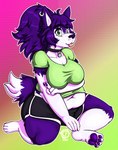 anthro belly belly_overhang big_breasts bottomwear breasts clothed clothing collar ear_piercing ear_ring female fur green_eyes hair looking_at_viewer navel overweight overweight_anthro overweight_female pawpads paws piercing purple_body purple_fur purple_hair ring_piercing shirt shorts simple_background smile solo sweat_shorts t-shirt text thick_thighs tongue tongue_out topwear white_body white_fur wide_hips citrusfumes kris_(krisispiss) canid canine canis mammal wolf 2022 digital_media_(artwork) hi_res watermark