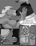 anthro bovid bovine cattle clothed clothing comic dialogue duo english_text felid french_kissing hair kissing lion male male/male mammal monochrome muscular muscular_male necktie pantherine sudonym suit text