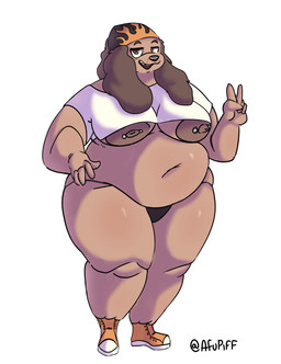 anthro areola barbell_piercing belly belly_overhang big_areola big_belly big_breasts breasts brown_body brown_fur brown_hair clothing deep_navel female footwear fur gesture hair hand_gesture happy huge_breasts looking_at_viewer navel nipple_dip nipple_piercing nipples overweight overweight_anthro overweight_female piercing pose shoes smile solo under_boob underwear v_sign wide_hips afupiff canid canine mammal absurd_res hi_res