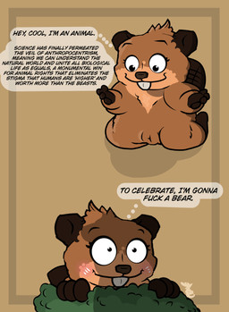 after_transformation anthro blush brown_body brown_fur buckteeth female feral fur genitals imminent_bestiality imminent_sex interspecies looking_at_hand plant profanity shrub simple_background smile solo teeth text thought_bubble vulva wide_eyed str8aura-no-not-that-one disney hoppers_(disney) pixar mabel_tanaka bear beaver mammal rodent english_text hi_res