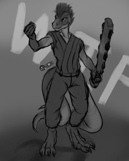 2_tails 4_eyes anthro armed bottomwear claws clothed clothing digitigrade feathers macuahuitl male melee_weapon multi_eye multi_tail pants raised_arm sleveless_shirt solo standing tail unfinished_version weapon drqube reptile scalie 4:5 greyscale hi_res monochrome sketch unfinished