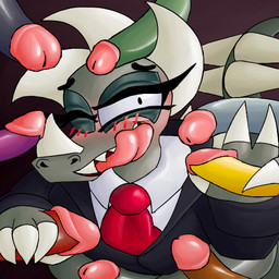 anthro aroused back_spikes black_clothing black_eyeshadow black_suit blush bottomless business_suit clothed clothing collared_shirt double_handjob erection eyelashes eyeshadow facial_horn femboy gangbang genitals gesture group group_sex hand_gesture handjob head_horn horn leaning leaning_forward legs_together licking licking_lips licking_own_lips looking_at_viewer makeup male male/male necktie nose_horn one_eye_closed open_mouth open_smile penile penis penis_on_face penis_on_head red_necktie sex shirt smile spikes spikes_(anatomy) suit surrounded_by_penises tail thick_thighs tongue tongue_out toony topwear v_sign white_collared_shirt wink nbac62mek49 godzilla_(series) toho angirasu anguirus dinosaur prehistoric_species reptile scalie 1:1 digital_drawing_(artwork) digital_media_(artwork) digital_painting_(artwork) half-length_portrait low_res painting_(artwork) portrait