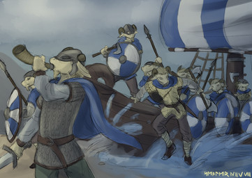 anthro armor axe clothed clothing group headgear helmet holding_axe holding_melee_weapon holding_object holding_polearm holding_shield holding_spear holding_sword holding_weapon horn male melee_weapon polearm round_shield shield ship spear sword vehicle viking warrior water watercraft weapon sealer4258 bovid caprine goat mammal hi_res