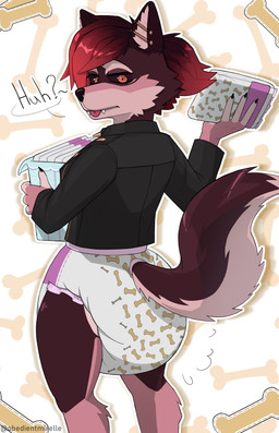 annoyed anthro big_tail black_clothing black_jacket black_topwear bone_pattern bottomwear box clothed clothing container dark_body dark_fur diaper diaper_fetish ear_piercing expressions fangs female fluffy fluffy_tail fur hair holding_diaper jacket looking_back multicolored_body multicolored_fur multiple_ear_piercings object_in_hand pattern_background piercing pink_body pink_fur red_hair short_hair simple_background skirt smug solo tail tail_motion tailwag teeth topwear touching_diaper two_tone_body two_tone_fur wearing_diaper obedientmirelle canid canine fox mammal absurd_res hi_res