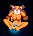 absurd_res anthro badger blue_eyes breasts female hi_res macro mammal mustelid musteline nipples orange_body planet planet_dwarfing sega simple_background sitting_on_planet solo sonic_boom sonic_the_hedgehog_(series) space sticks_the_jungle_badger surprised_expression terra_macro the_knight